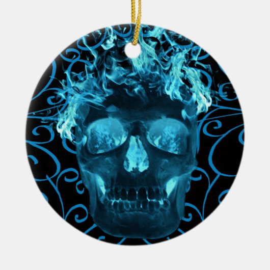 Blauw Vlammend Schedelornament Keramisch Ornament (Voorkant)