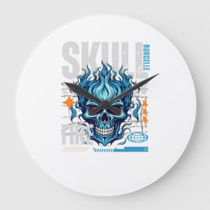 Blauw Vlammende Schedel Streetwear Design   Cyberp Grote Klok