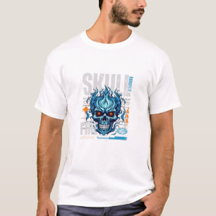 Blauw Vlammende Schedel Streetwear Design Cyberp T-shirt