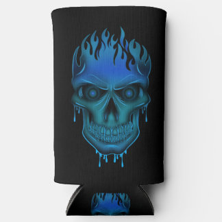 Blauw Vlammende Schedel Zwarte Seltzer Stijl Blikjeskoeler