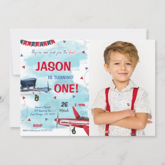 Blauw vliegtuig foto uitnodiging (Voorkant)