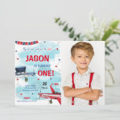 Blauw vliegtuig foto uitnodiging (Staand voorkant)