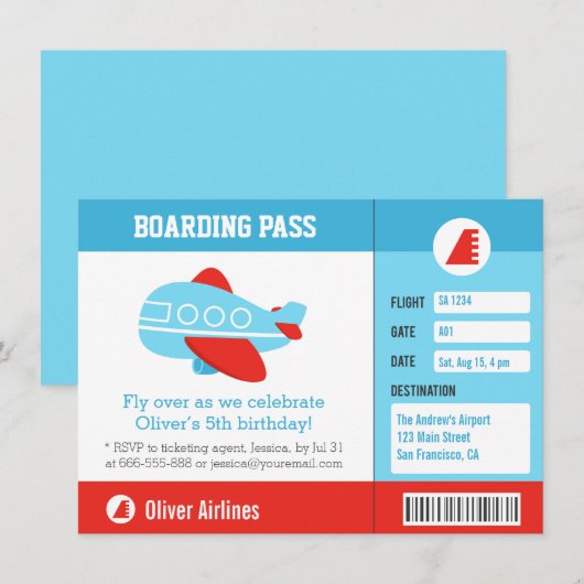 Blauw vliegtuig instapkaart Birthday Party Kaart (Voorkant / Achterkant)