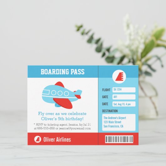 Blauw vliegtuig instapkaart Birthday Party Kaart (Staand voorkant)
