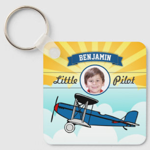 Blauw vliegtuig kleine piloot naam foto kinderkame sleutelhanger