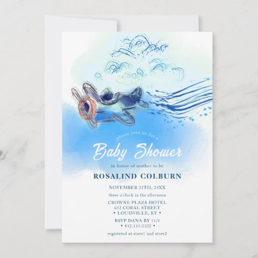 blauw vliegtuig Waterverf Baby Boy Shower Kaart (Voorkant)