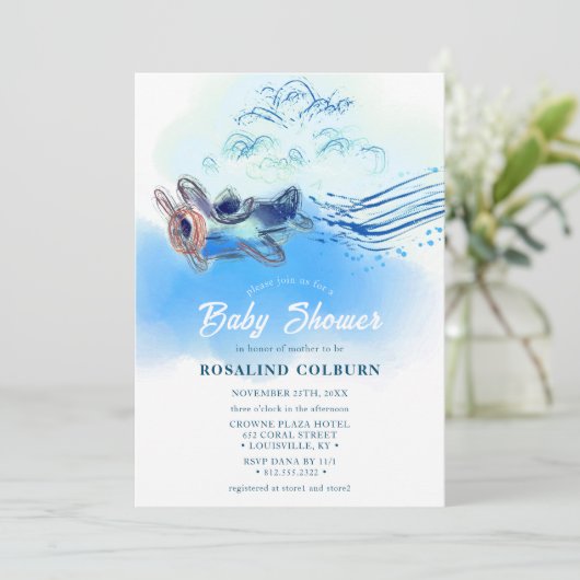 blauw vliegtuig Waterverf Baby Boy Shower Kaart (Staand voorkant)