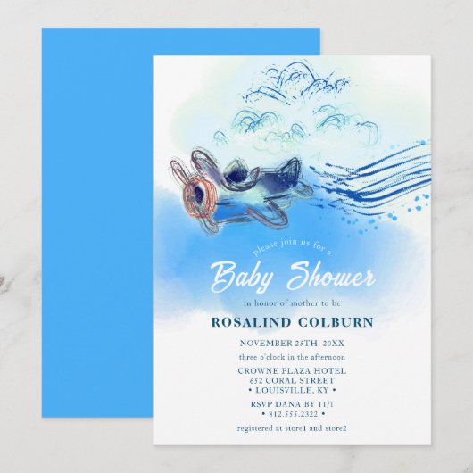  blauw vliegtuig Waterverf Baby Boy Shower Kaart (Voorkant / Achterkant)
