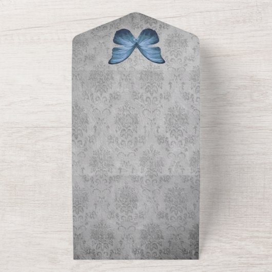 Blauw vlinder Damask bruiloft All In One Uitnodiging (Buitenkant)