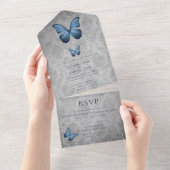 Blauw vlinder Damask bruiloft All In One Uitnodiging (Afscheurbaar)
