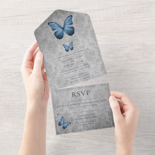 Blauw  vlinder Damask bruiloft All In One Uitnodiging (Afscheurbaar)
