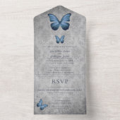 Blauw vlinder Damask bruiloft All In One Uitnodiging (Binnen)