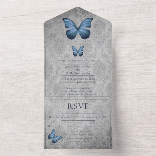 Blauw  vlinder Damask bruiloft All In One Uitnodiging (Binnen)