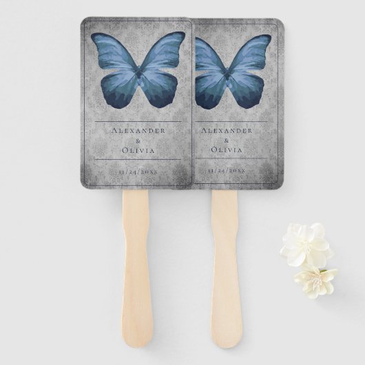 Blauw vlinder Damask bruiloft gunst Handwaaier (Voorkant en achterkant)