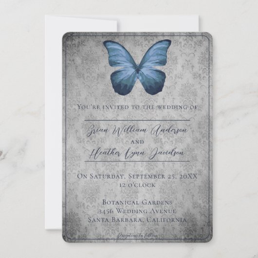 Blauw  vlinder Damask bruiloft Kaart (Voorkant)