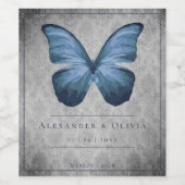 Blauw vlinder Damask bruiloft Wijn Etiket (Enkel label)