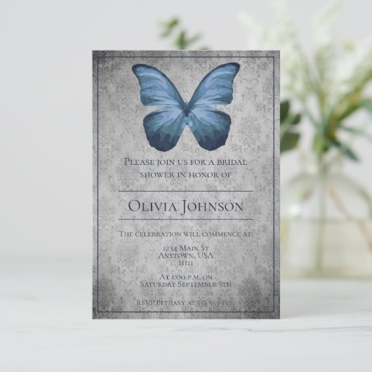 Blauw vlinder Damask Vrijgezellenfeest Kaart (Staand voorkant)