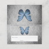 Blauw  vlinder damast receptie plaatskaartje (Buitenkant ongevouwen)