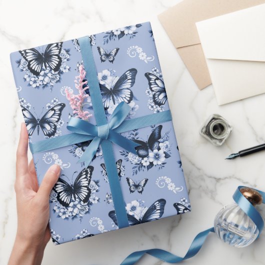 Blauw Vlinder Patroon Cadeau Cadeaupapier (Geschenken)