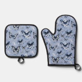 Blauw Vlinder Patroon Ovenwant & Pannenlap Set (Voorkant)