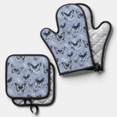 Blauw Vlinder Patroon Ovenwant & Pannenlap Set (Voorkant / Achterkant)