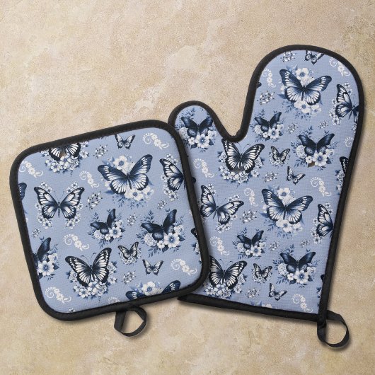 Blauw Vlinder Patroon Ovenwant & Pannenlap Set