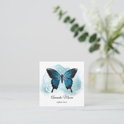 blauw vlinderbloemetjestrainer inkt rook vierkante visitekaartje (Staand voorkant)