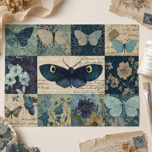 Blauw vlinderdecoupage bloemencollage in vintage s tissuepapier