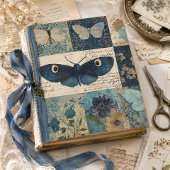 Blauw vlinderdecoupage bloemencollage in vintage s tissuepapier