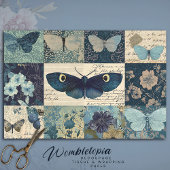 Blauw vlinderdecoupage bloemencollage in vintage s tissuepapier