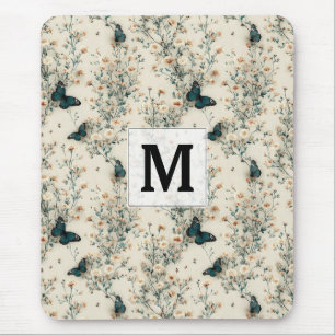 Blauw vlindermonogram met vintage bloemen muismat