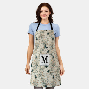 Blauw vlindermonogram met vintage bloemen schort