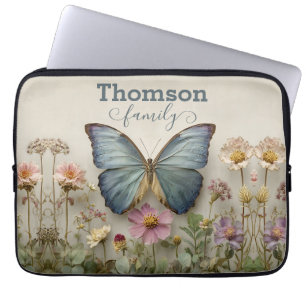 Blauw vlindermotief met bloementuin Familienaam Laptop Sleeve