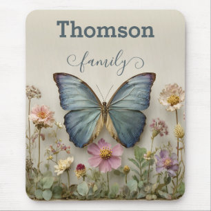Blauw vlindermotief met bloementuin Familienaam Muismat