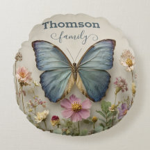 Blauw vlindermotief met bloementuin Familienaam