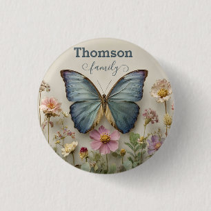Blauw vlindermotief met bloementuin Familienaam Ronde Button 3,2 Cm