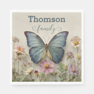 Blauw vlindermotief met bloementuin Familienaam Servet