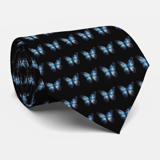 Blauw Vlinderpatroon Zwart Stropdas (Opgerold)