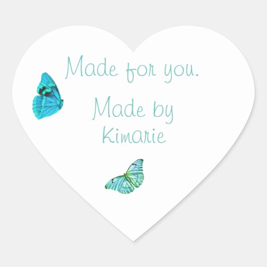 Blauw vlindervormig productlabel hart sticker (Voorkant)