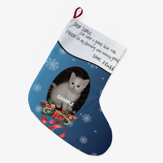 Blauw VOEG UW Kat Foto en naam Beste Kerstman toe Grote Kerstsok (Voorkant (Hangend))