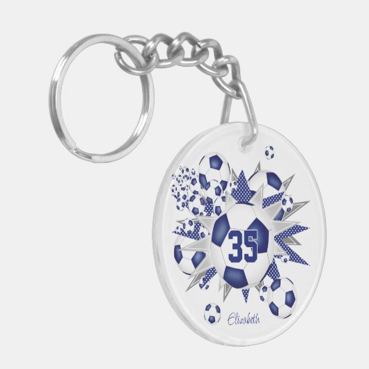 Blauw voetbal blowout meisjes jersey nummer sleutelhanger (Voorkant Links)