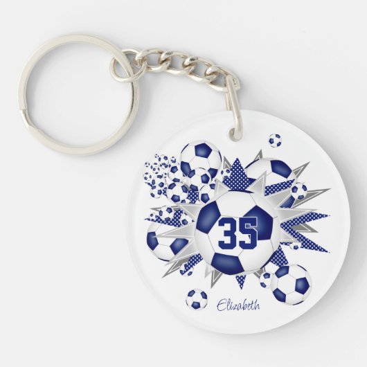 Blauw voetbal blowout meisjes jersey nummer sleutelhanger (Voorkant)