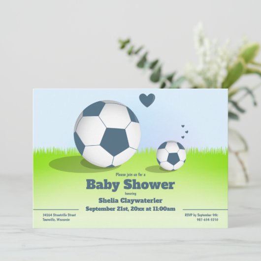 Blauw Voetbal/Football Baby shower | Uitnodiging (Staand voorkant)