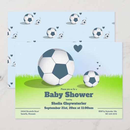 Blauw Voetbal/Football Baby shower | Uitnodiging (Voorkant / Achterkant)