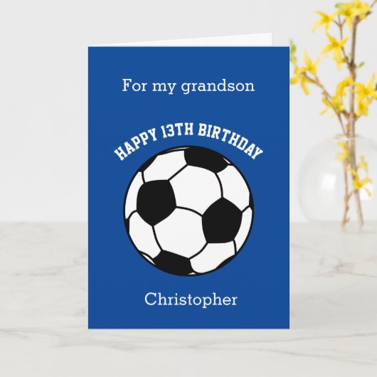 Blauw Voetbal Sport 13e Verjaardag Kaart (Gele Bloem)