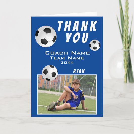 Blauw Voetbal Sport Dank je Coach Kaart (Voorkant)