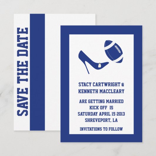 Blauw Voetbal Trouwdag Save The Date Aankondiging (Voorkant / Achterkant)