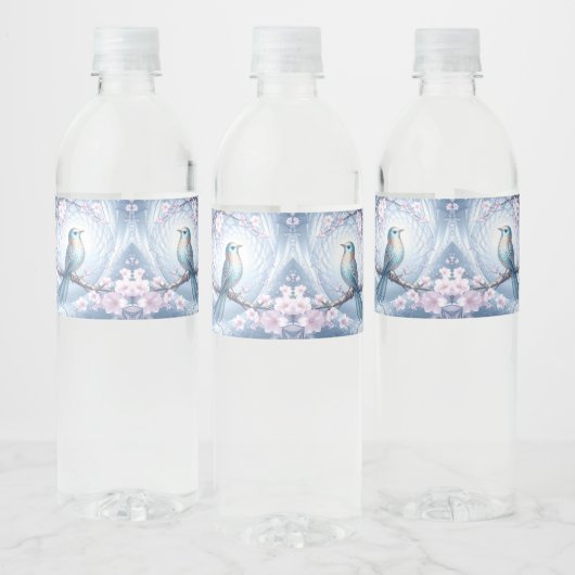 Blauw Vogel Bloemen Waterfles Label Etiket (Flessen)