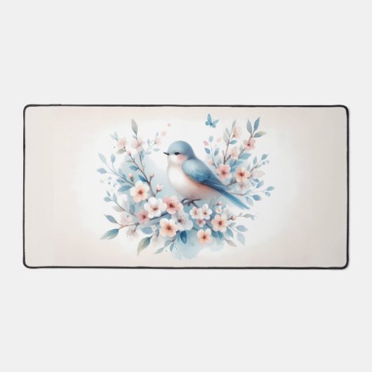 Blauw Vogel Bloesem Waterverf Sereniteit Bureaumat (Voorkant)