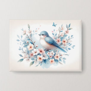Blauw Vogel Bloesem Waterverf Sereniteit Button